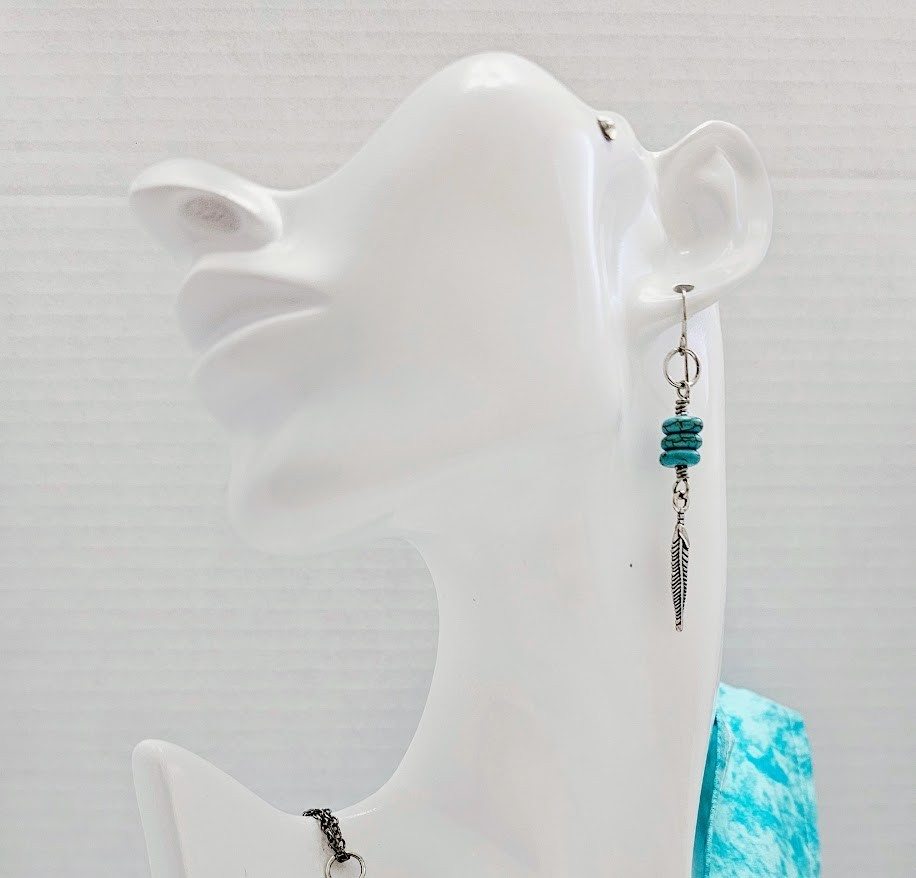 Handmade Turquoise Howlite Silver Feather Western Dangle Boho Earrings