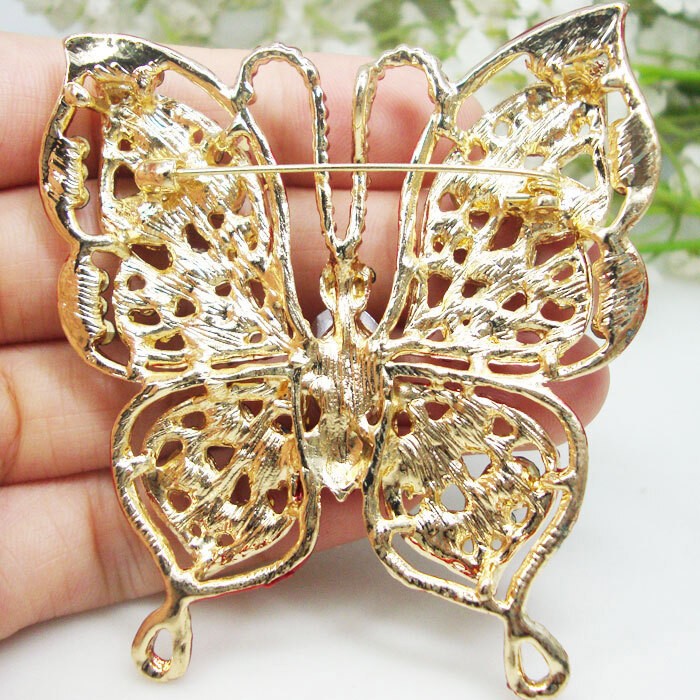 Small Size Red Butterfly Insect Woman Pendant Brooch Pin Red Austria Crystal