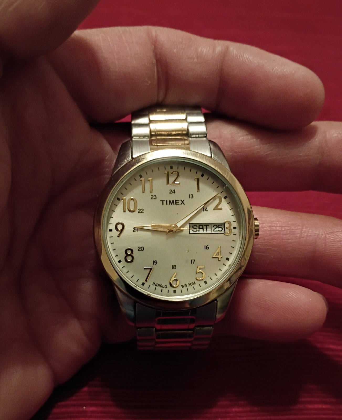 Timex Indiglo Men’s Quartz Two-Tone SS Bracelet Day/Date Silver Dial 30m