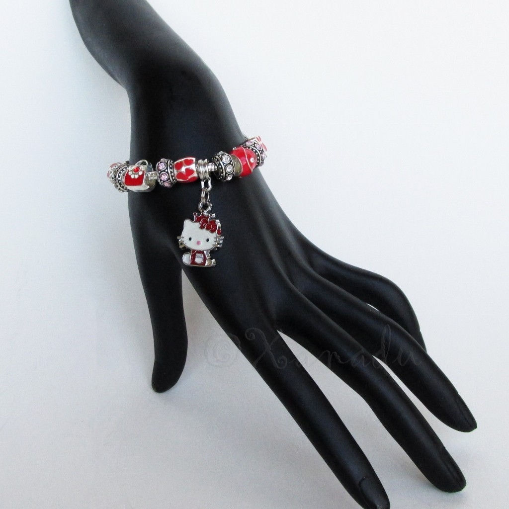 Red Hello Kitty Princess European Charm Bracelet With Ruby Red Rhinestone Beads