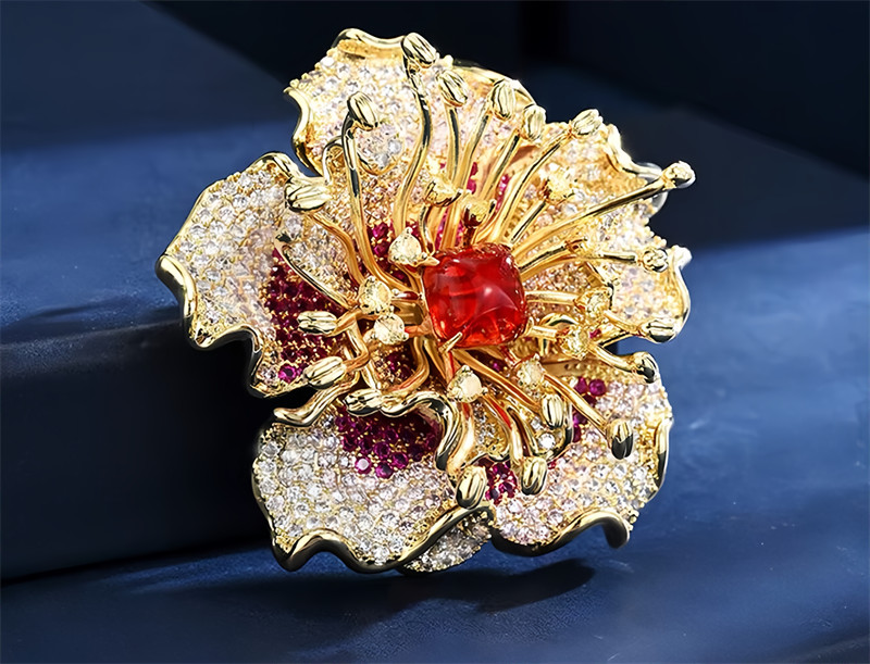 Beautiful Red Color Large Peony Flower Brooch With High Quality Design