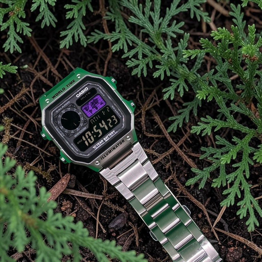 CASIO AE-1200WHD. Royale Watch Mod. Negative Display. PURPLE World Map
