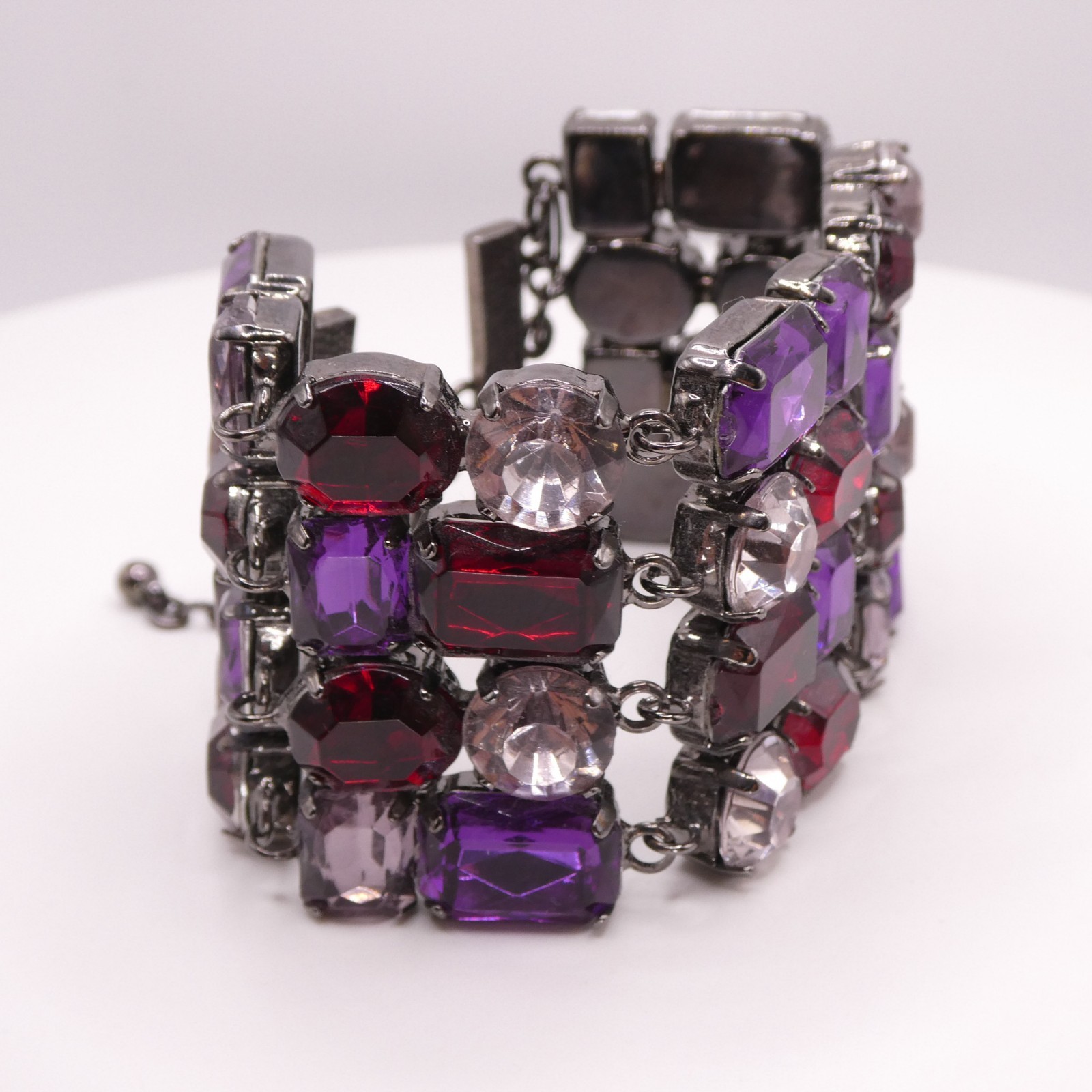 Vintage Purple Acrylic Rhinestone Adjustable 7-9″ Gunmetal Tone Wide Bracelet