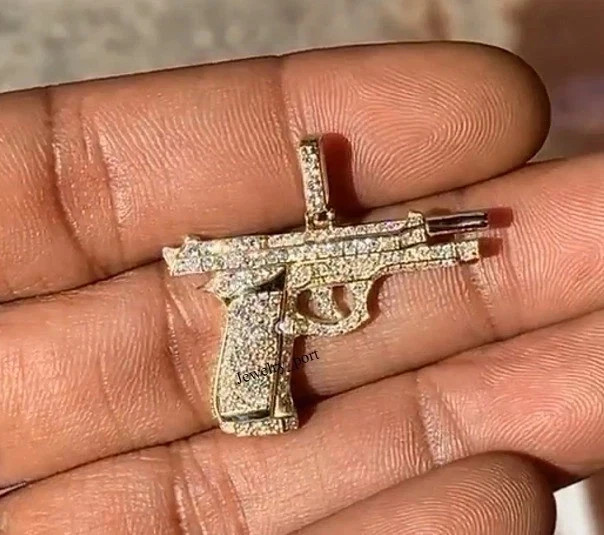 2.30Ct Round Cut Real Moissanite Gun Charm Pendant 14K Yellow Gold Plated