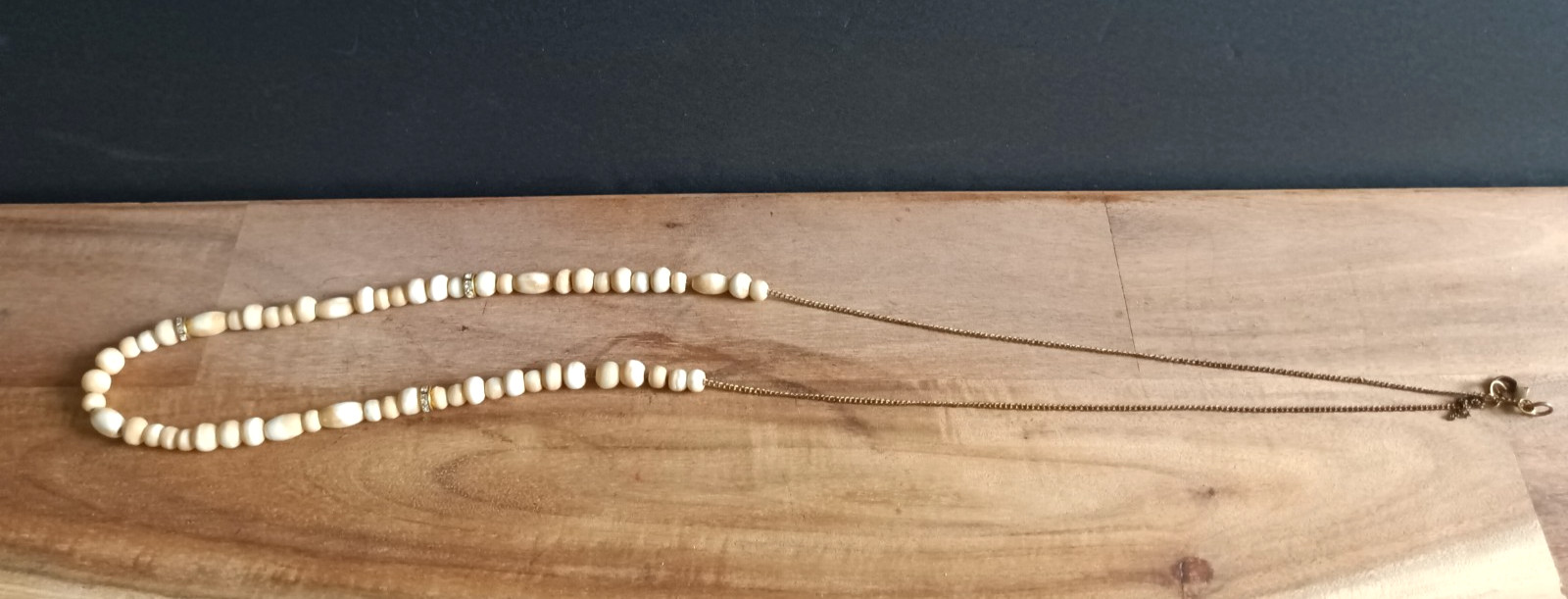Natural Stone Necklace Bead Neutral Beige Cream Boho Long Rhinestone Spacer 34″