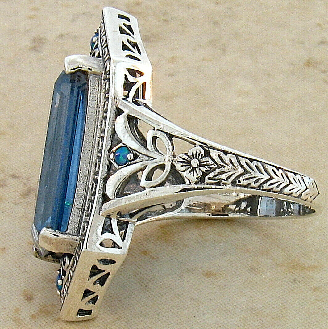 ART DECO STYLE 925 STERLING SILVER 6 Ct SIMULATED AQUAMARINE OPAL RING 283X