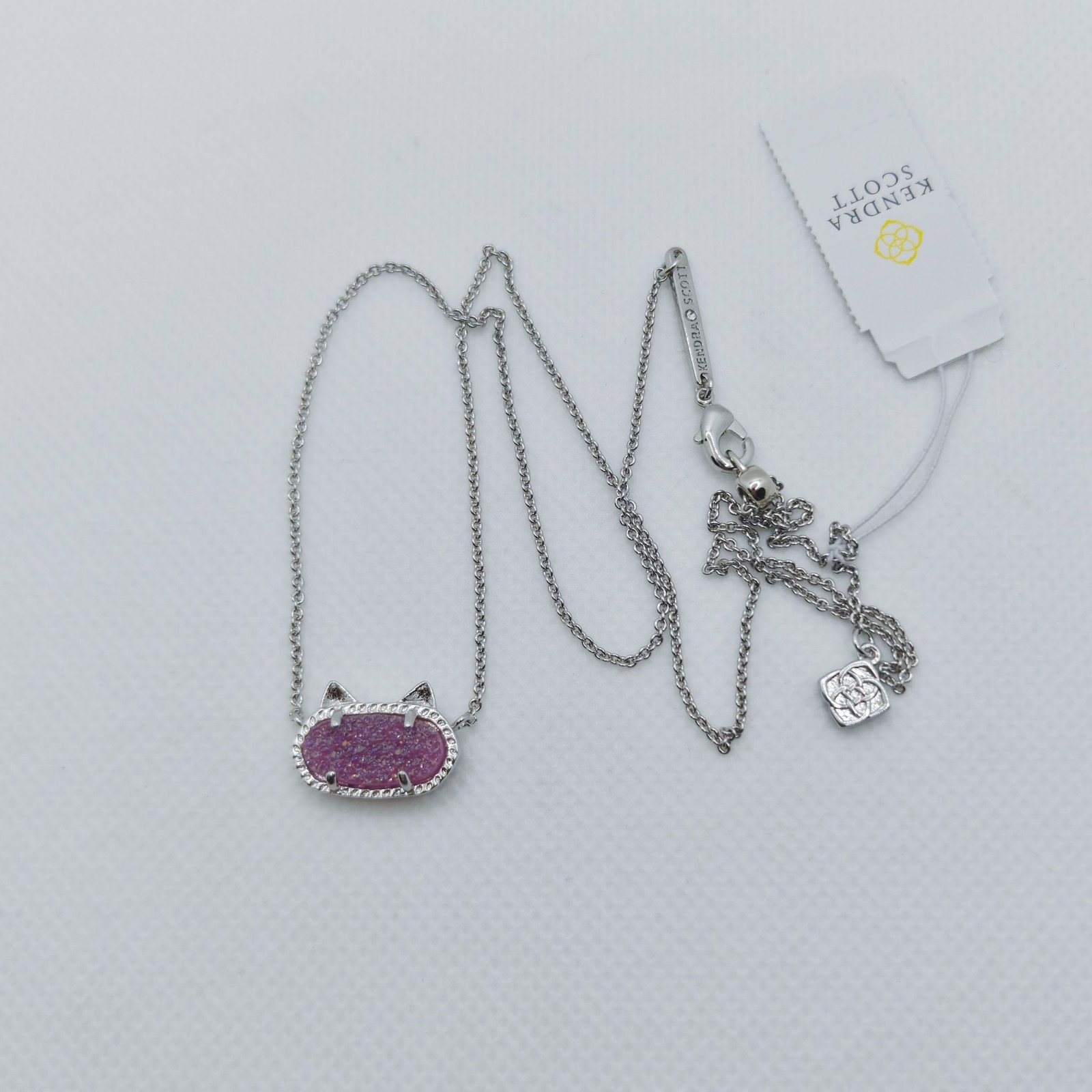 New Kendra Scott Elisa Silver Cat Kitty Pendant Necklace in Purple Drusy