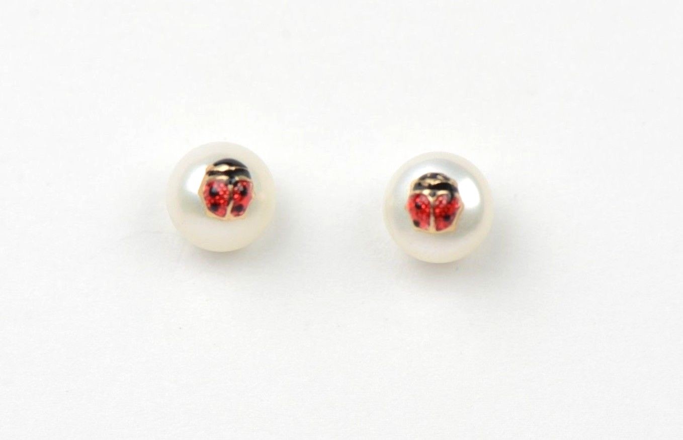 14k Yellow Gold Red and Black Enamel Lady Bug Baby earrings with Screw Back