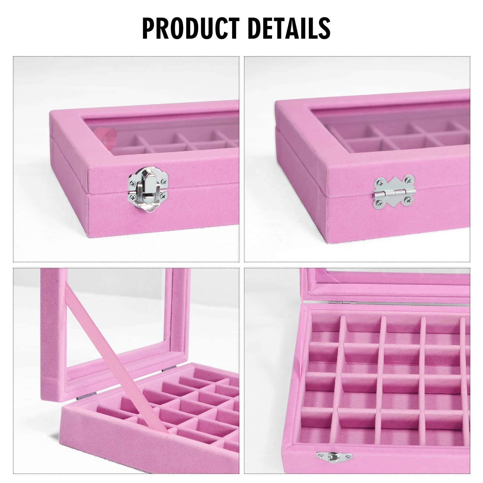 Vicoter Velvet Jewelry Box 24 Grid Ring Display 24 Grid, Pink