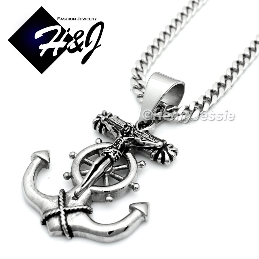 18-36″Stainless Steel 5mm Silver Cuban Curb Necklace Anchor Cross Pendant*P58