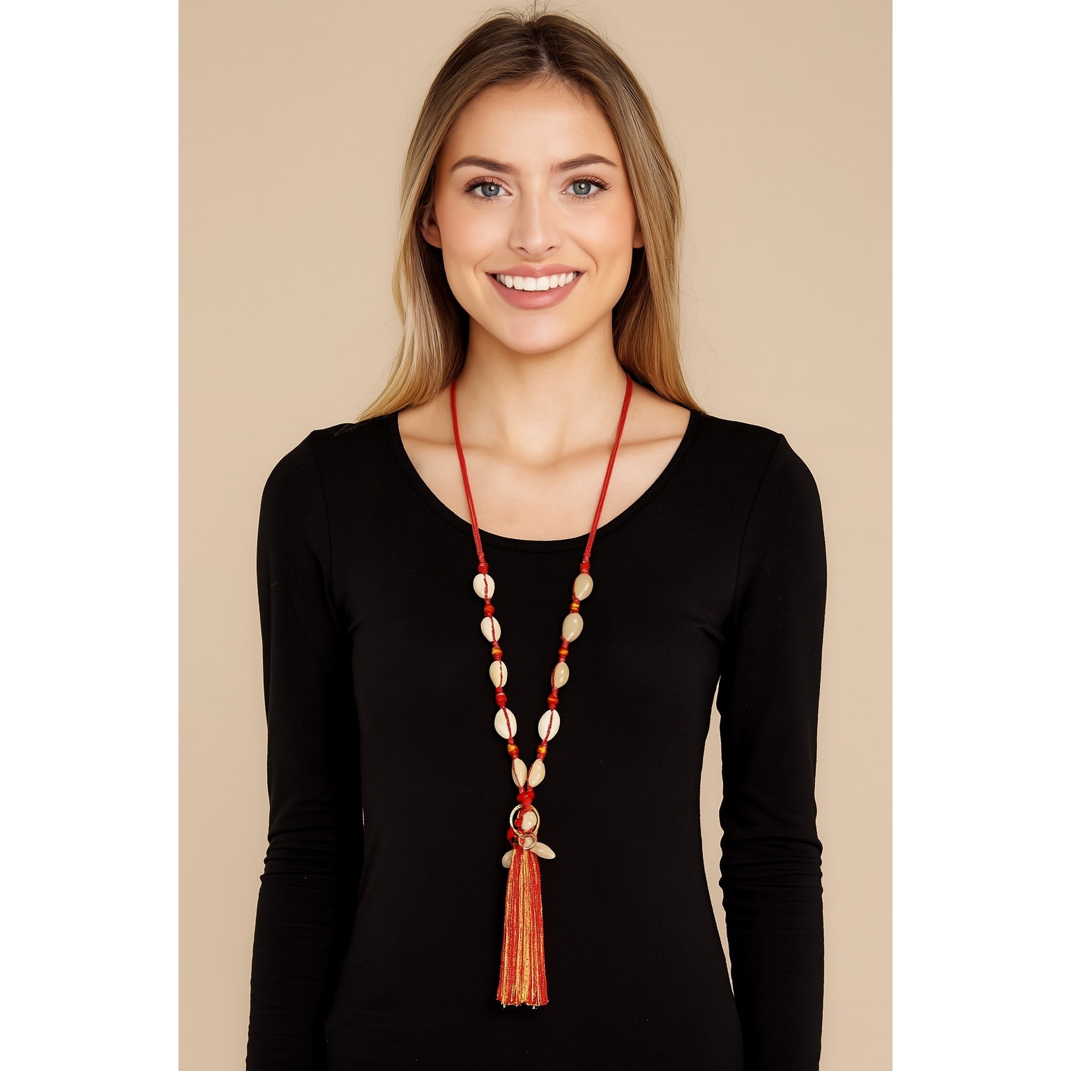 MIA Collection Cowrie Shell Tassel Long Necklace Red Cord Adjustable Boho Women