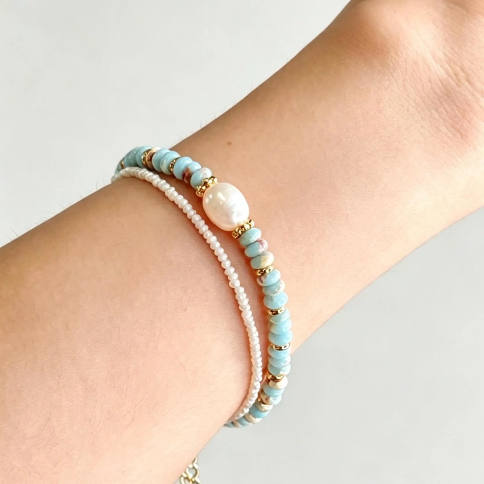 Dainty Freshwater Pearl & Light Blue Stone Beaded Bracelet, Gold Layering Everyd