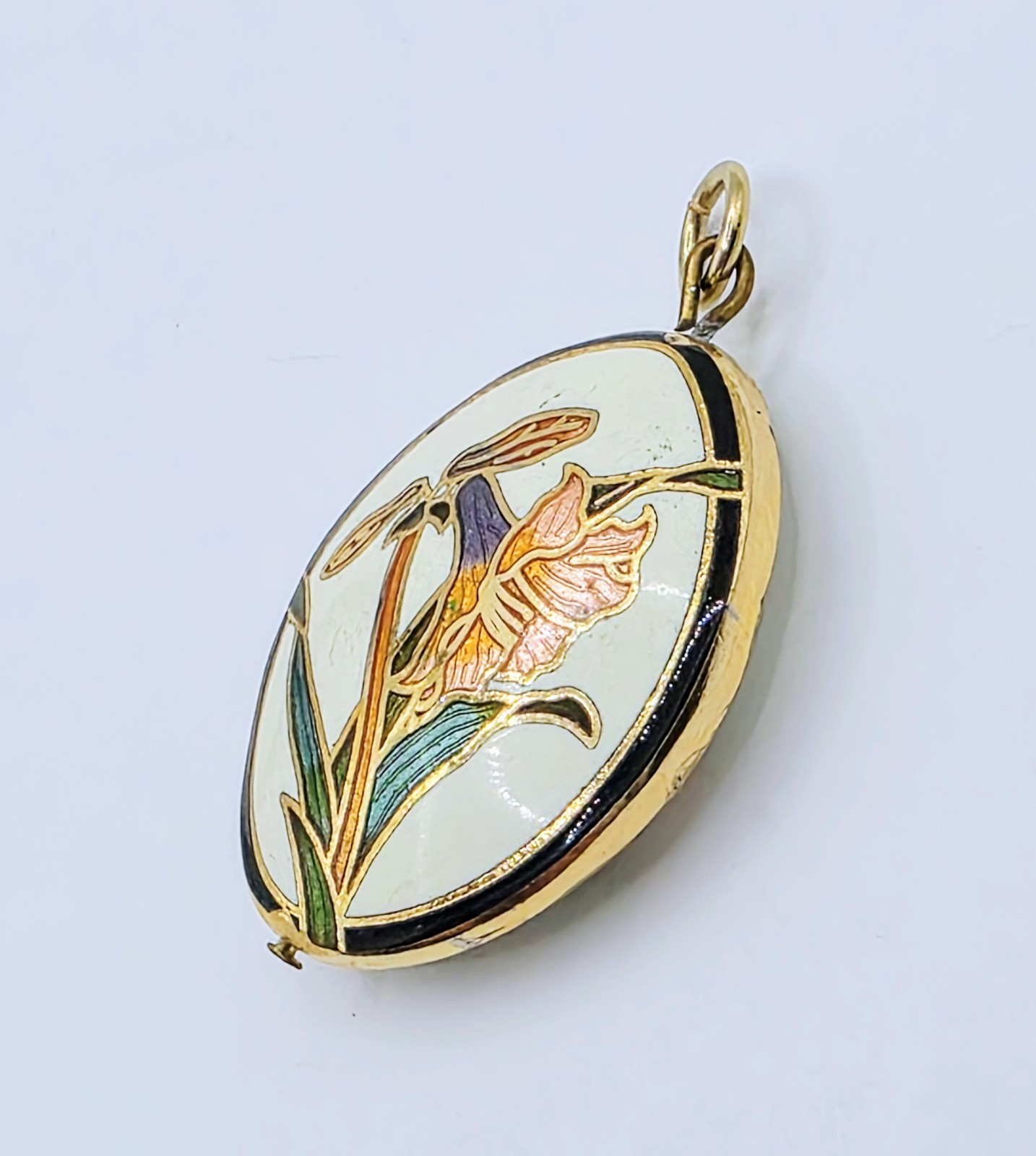 Vintage Cloisonné Green Purple Gold Amaranthus Flower Floral Oval Pendant Estate