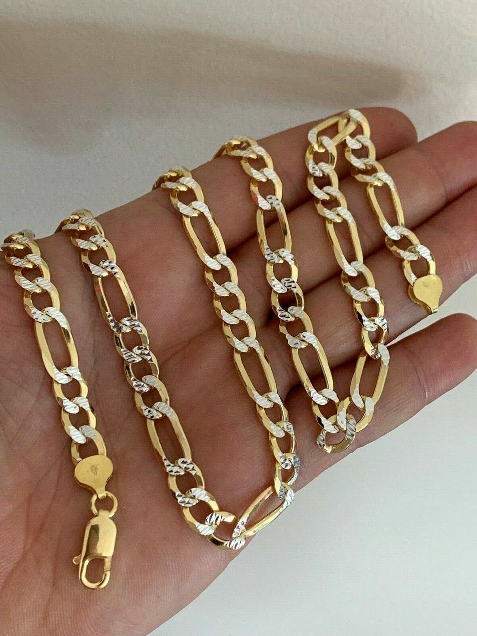 Mens 8mm 14k Gold Plated Solid Sterling Silver Figaro Chain Two Tone Diamond Cut