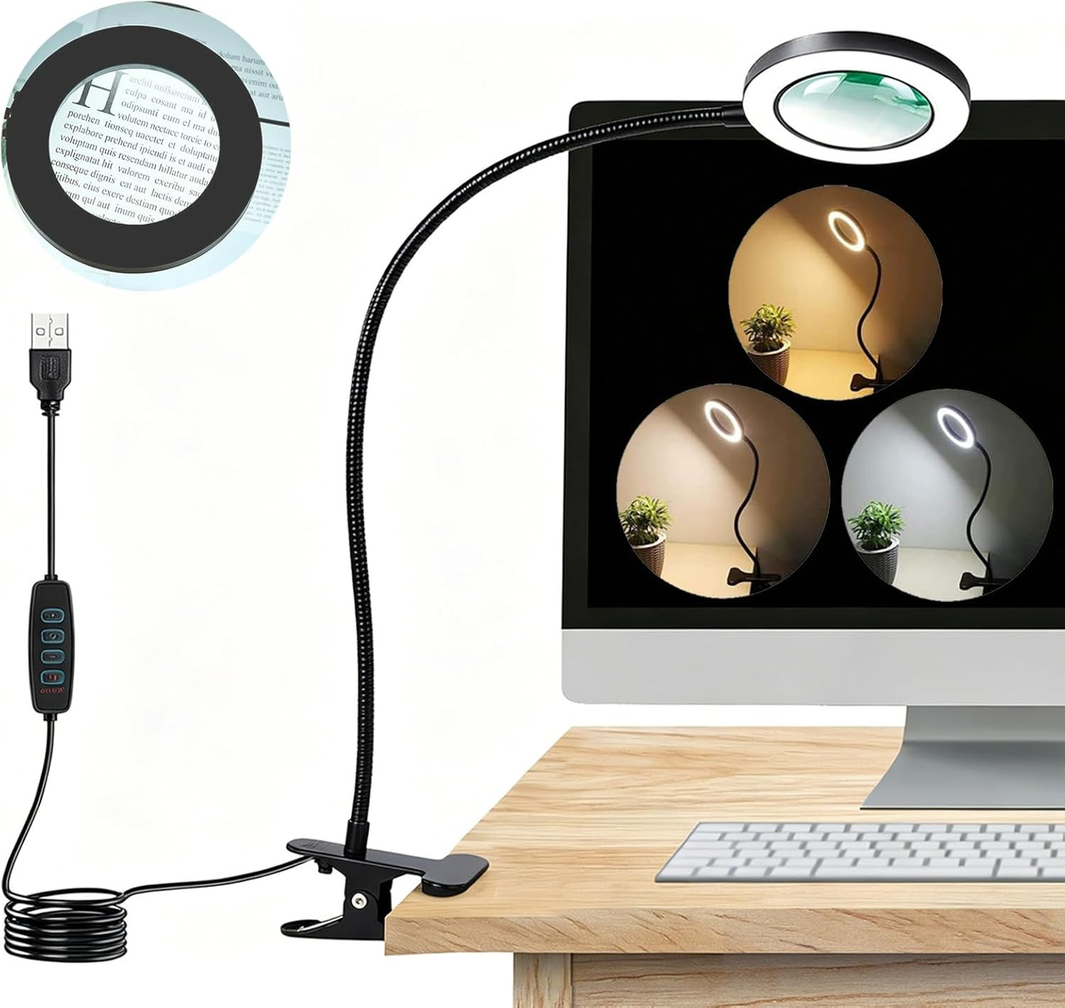 10X LED Magnifying Glass with Light, 3 Color Modes, Flexible Gooseneck
