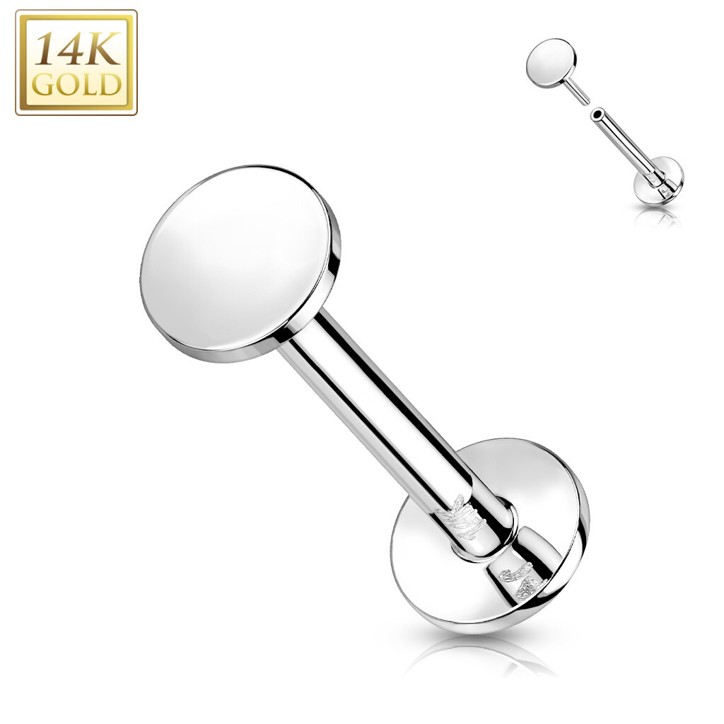 14K Solid Gold Flat Round Top Threadless Push-In Labret Ear Cartilage Helix 16G