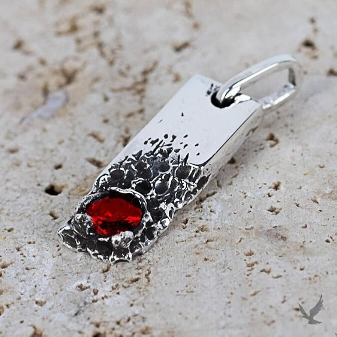 Natural Red Garnet Men Pendant 925 Silver Hammered Pendant Birthday Gift For Him