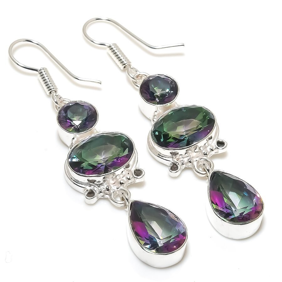 Mystic Topaz Gemstone Handmade 925 Sterling Silver Jewelry Earring Sz 2.40