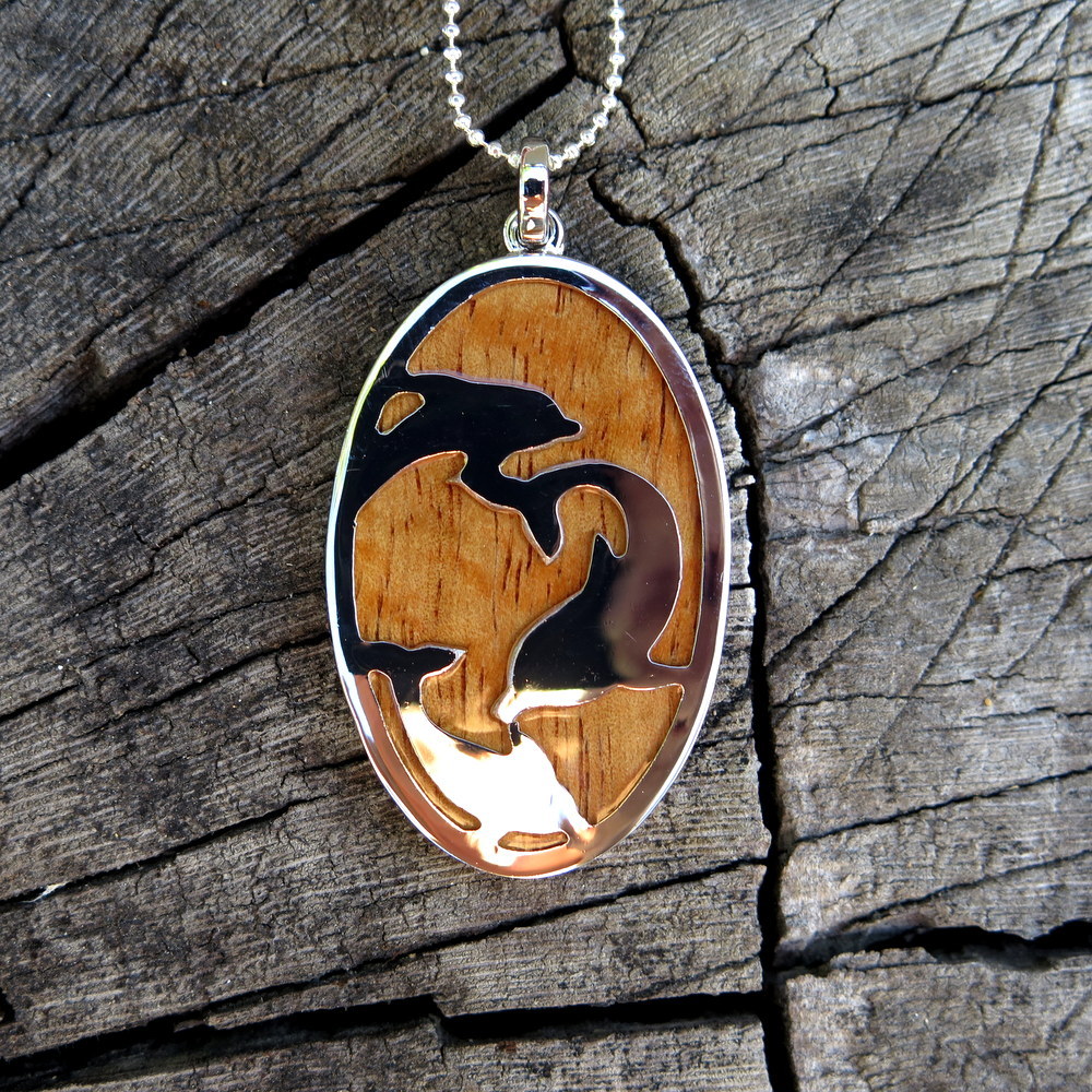 Koa Wood Hawaii Jewelry Dolphin Oval Silver Rhodium Plated Brass Pendant BRP1069