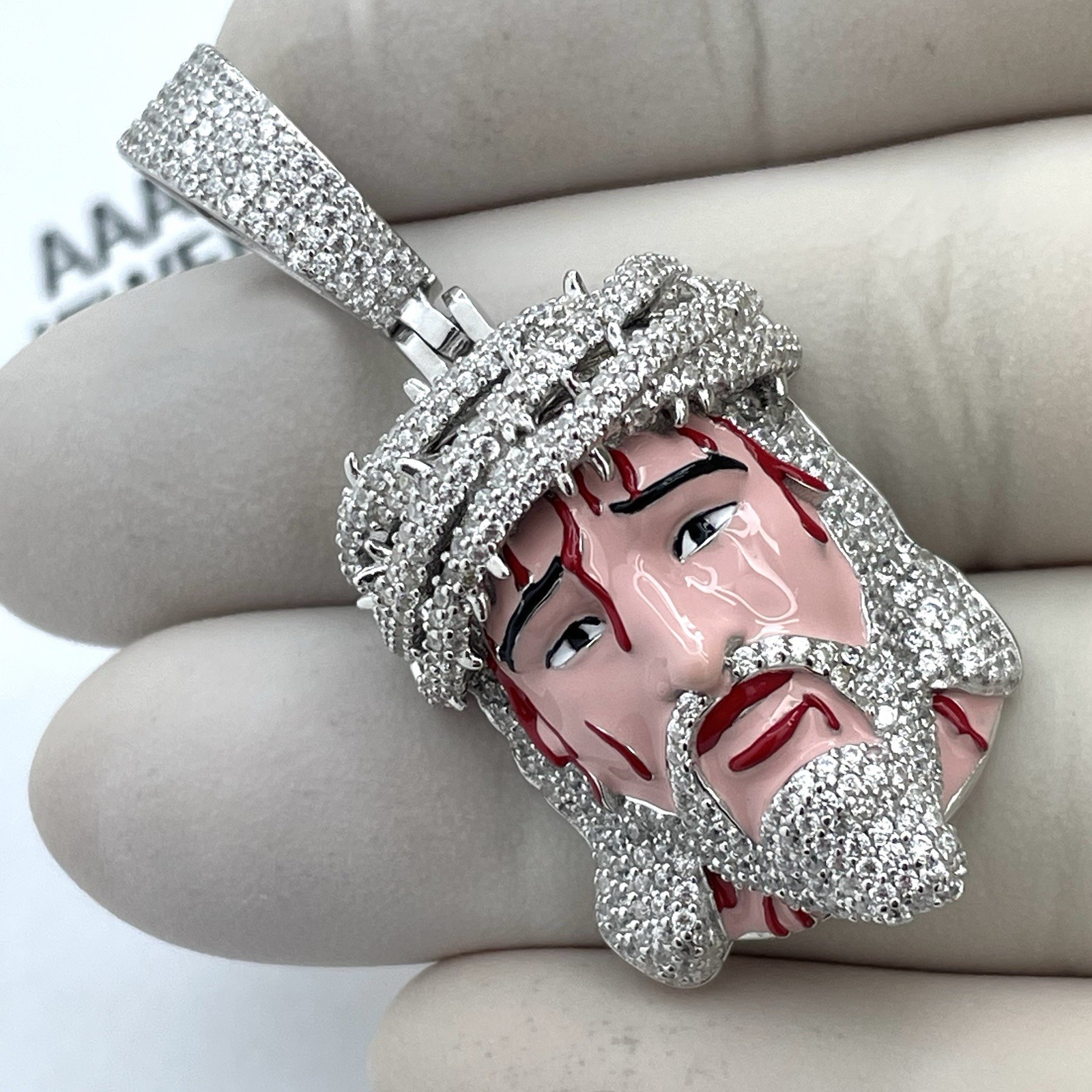 REAL 925 STERLING SILVER CUBIC ZIRCONIA JESUS FACE PENDANT