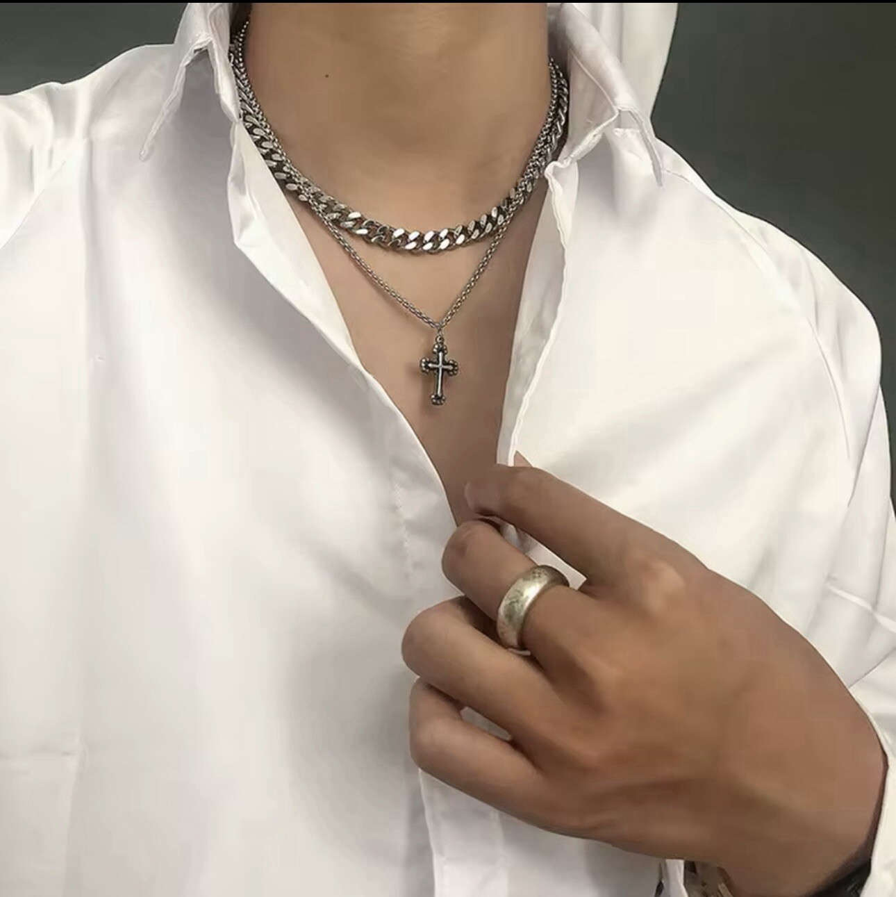 Mens Double Layer Cross Necklace Stainless Steel Chain Hip Hop Unisex Women New