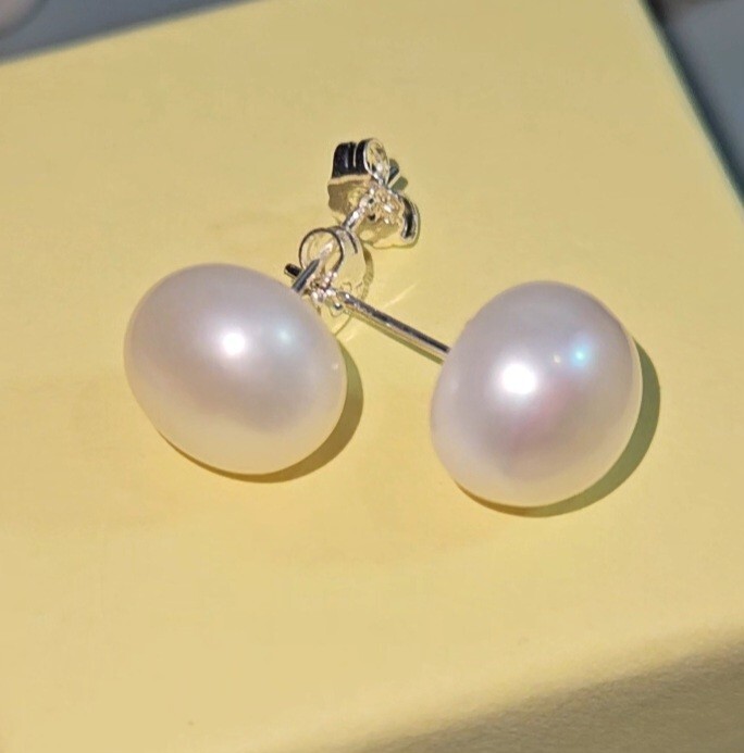White Akoya Cultured Fresh Water Pearl 925 Sterling Silver 11- 12mm.