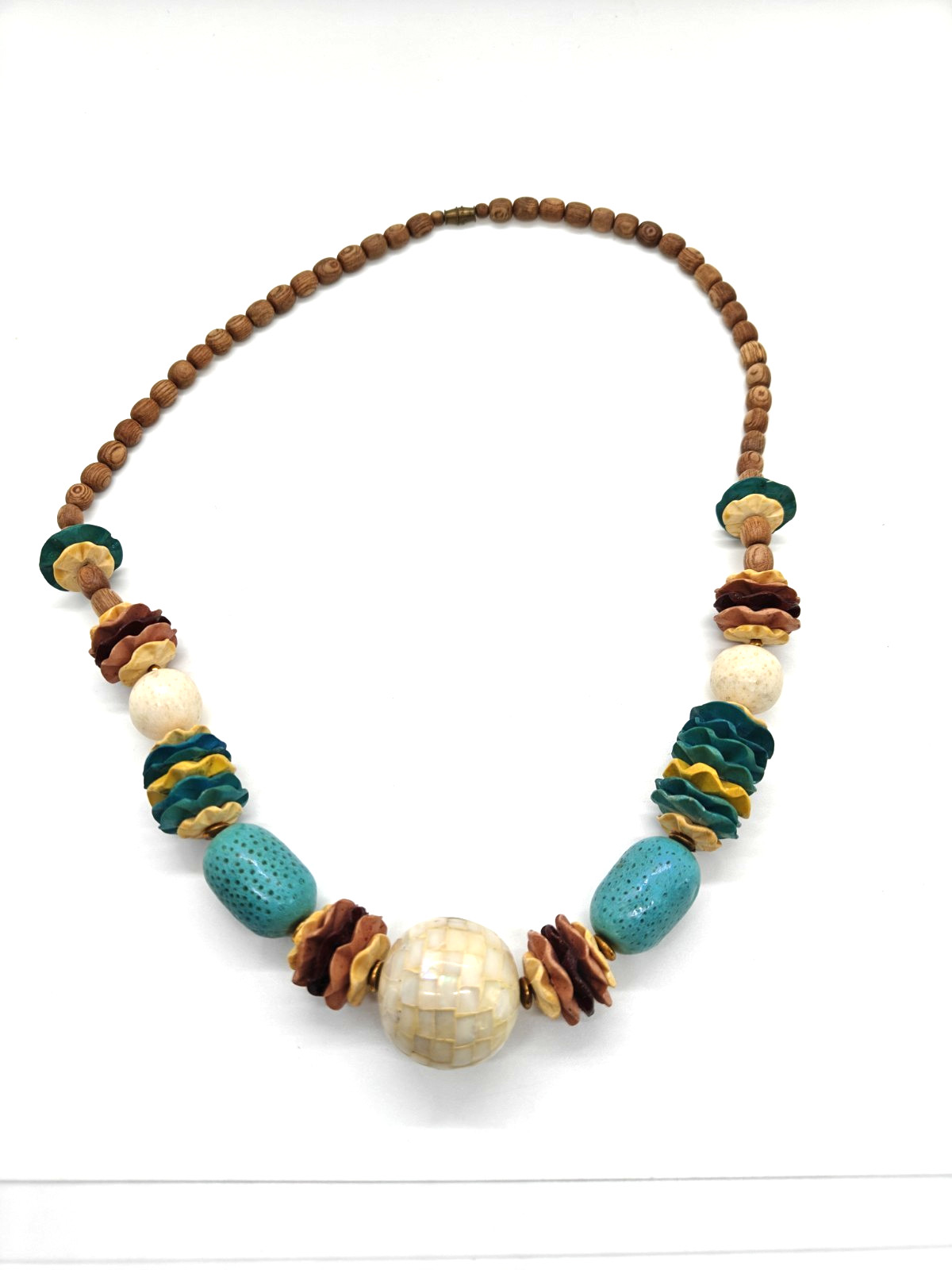 Wooden Boho Necklace Mother Of Pearl Bead Blue Yellow Pink Brown Colorful