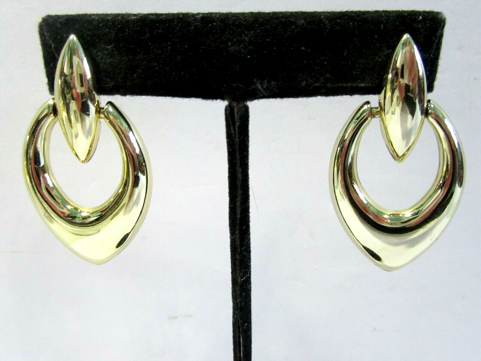 PIERCED EARRINGS DANGLE HOOPS SHINY GOLD TONE 1980’S DISCO ERA DANGLE