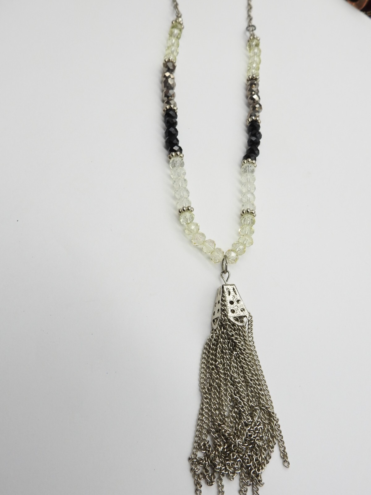Yellow Gray Black Clear Acrylic Faux Crystal Silver Tone Tassel Necklace Vintage