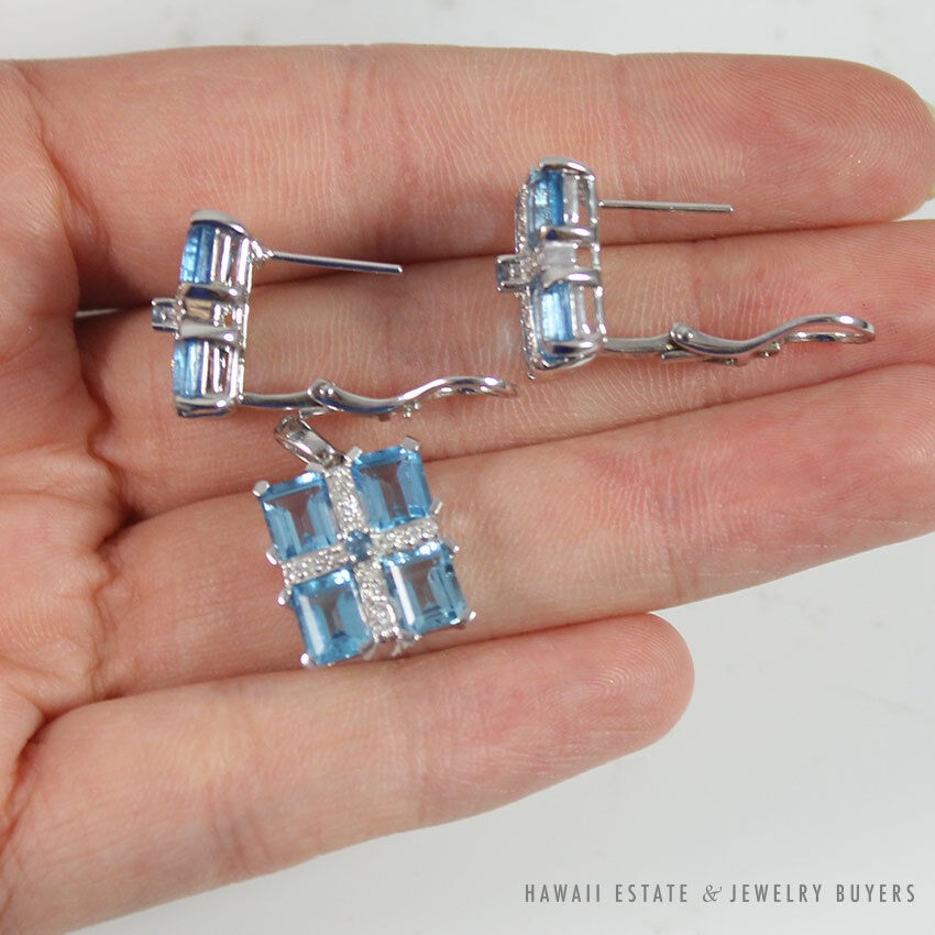 Effy Sky Blue Rectangular Topaz & Diamond 18K White Gold Earrings & Pendant Set
