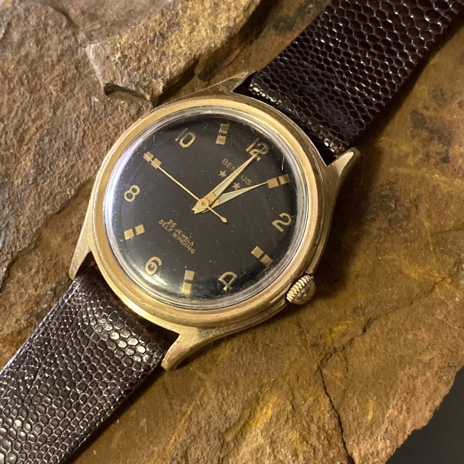 1960’s Men’s Benrus 3 Stars 25j FE255 Self Winding Watch Series 7845 Black Dial