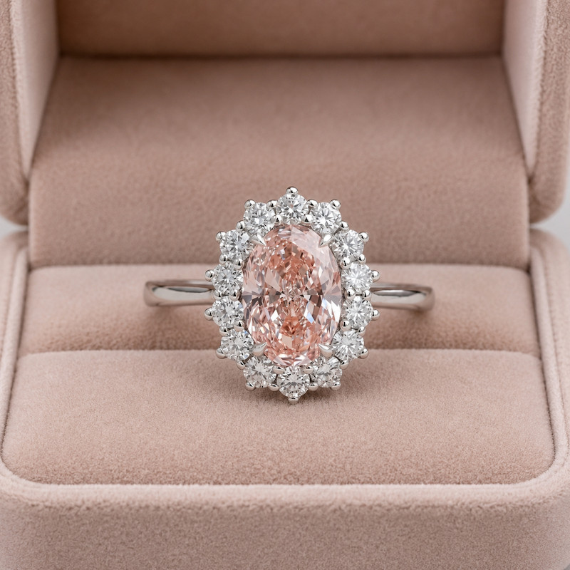 Oval Cut 3.45 Carat Fancy Vivid Pink IGI Lab Created Diamond Ring 18k White Gold