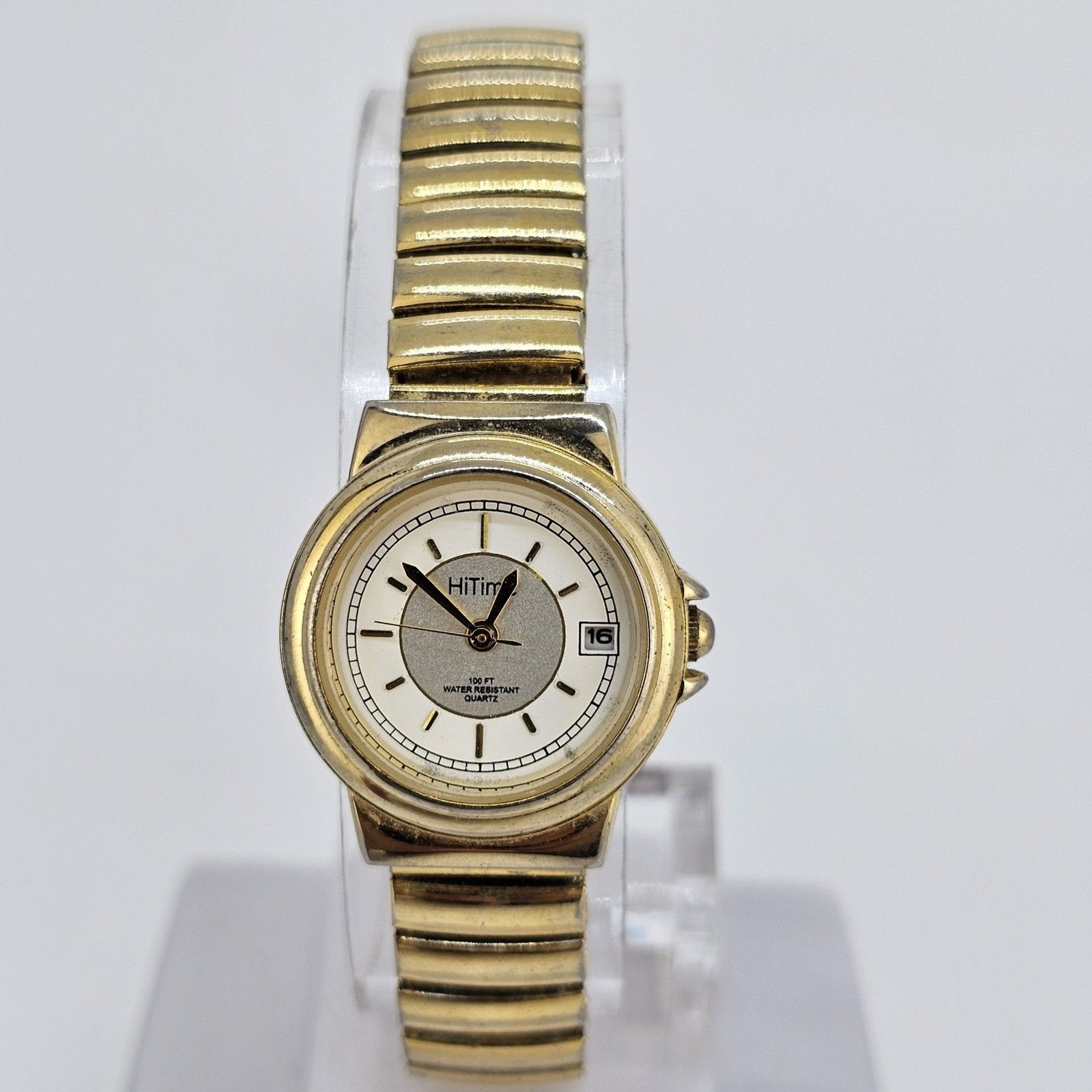 24MM Women’s Watch Gray Dial Gold Case Expandable Band Date 5.75″ New Battery