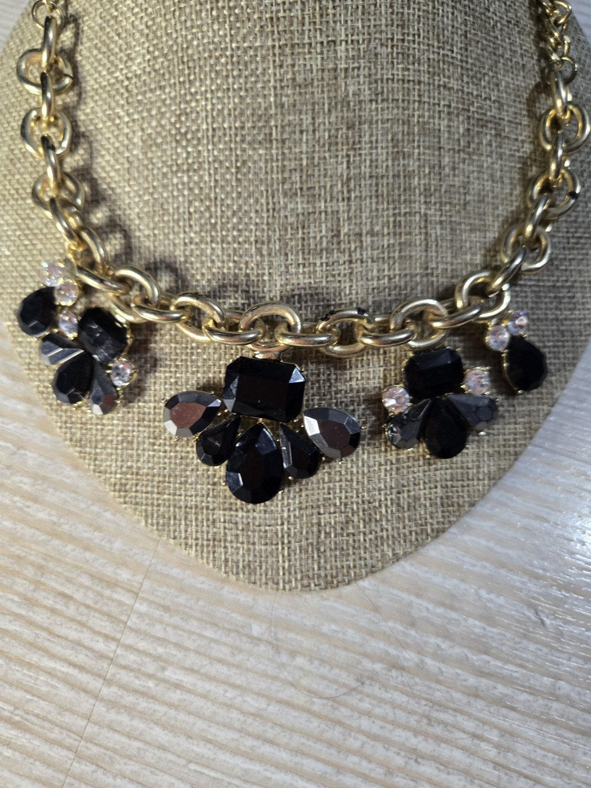 Gold Tone Statement Bib Necklace Black Crystal Rhinestone Floral Cluster Bold