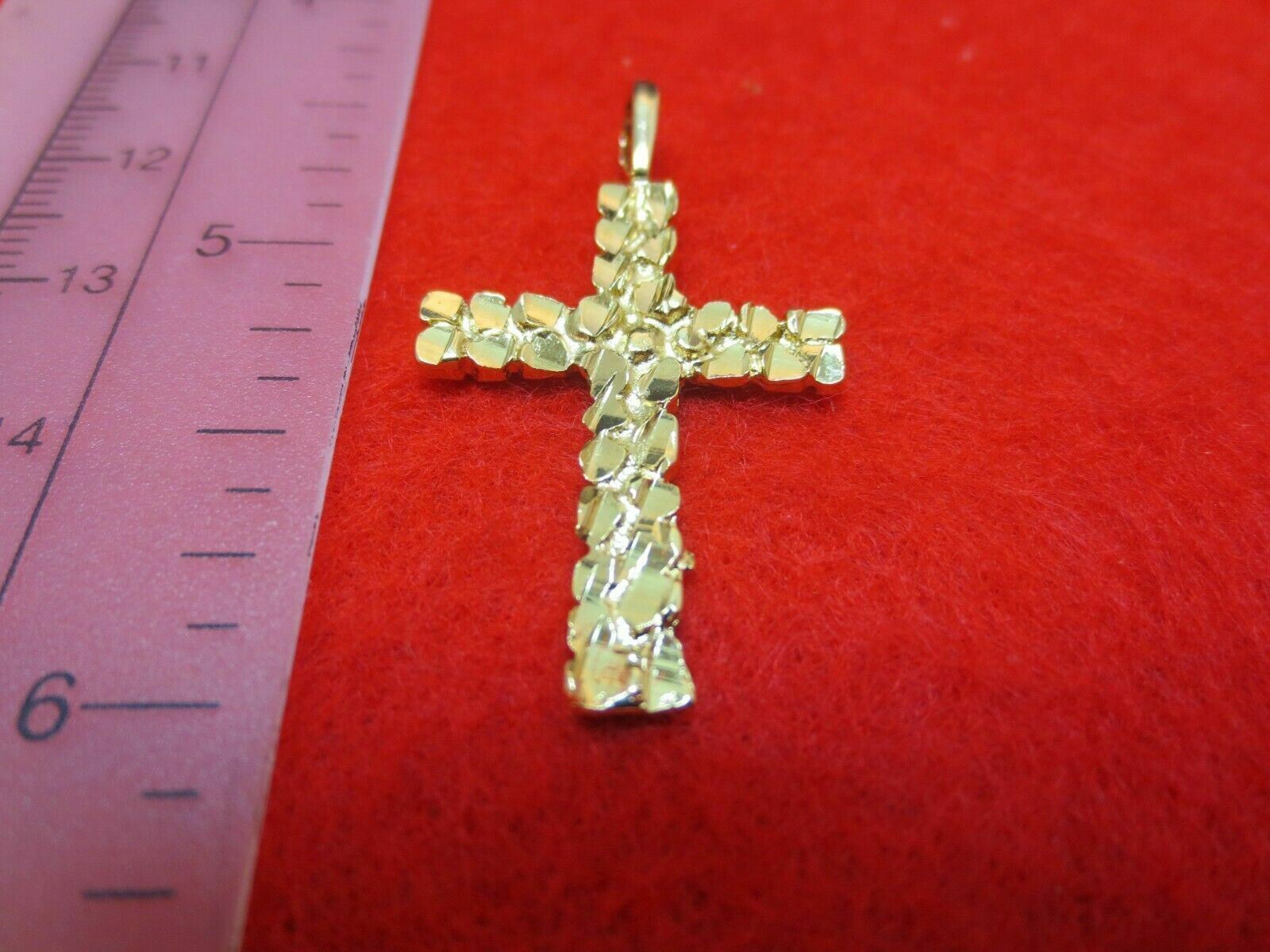 14 KT GOLD PLATED NUGGET STYLE CROSS CHARM PENDANT ALMOST 1 1/2 INCH -2042
