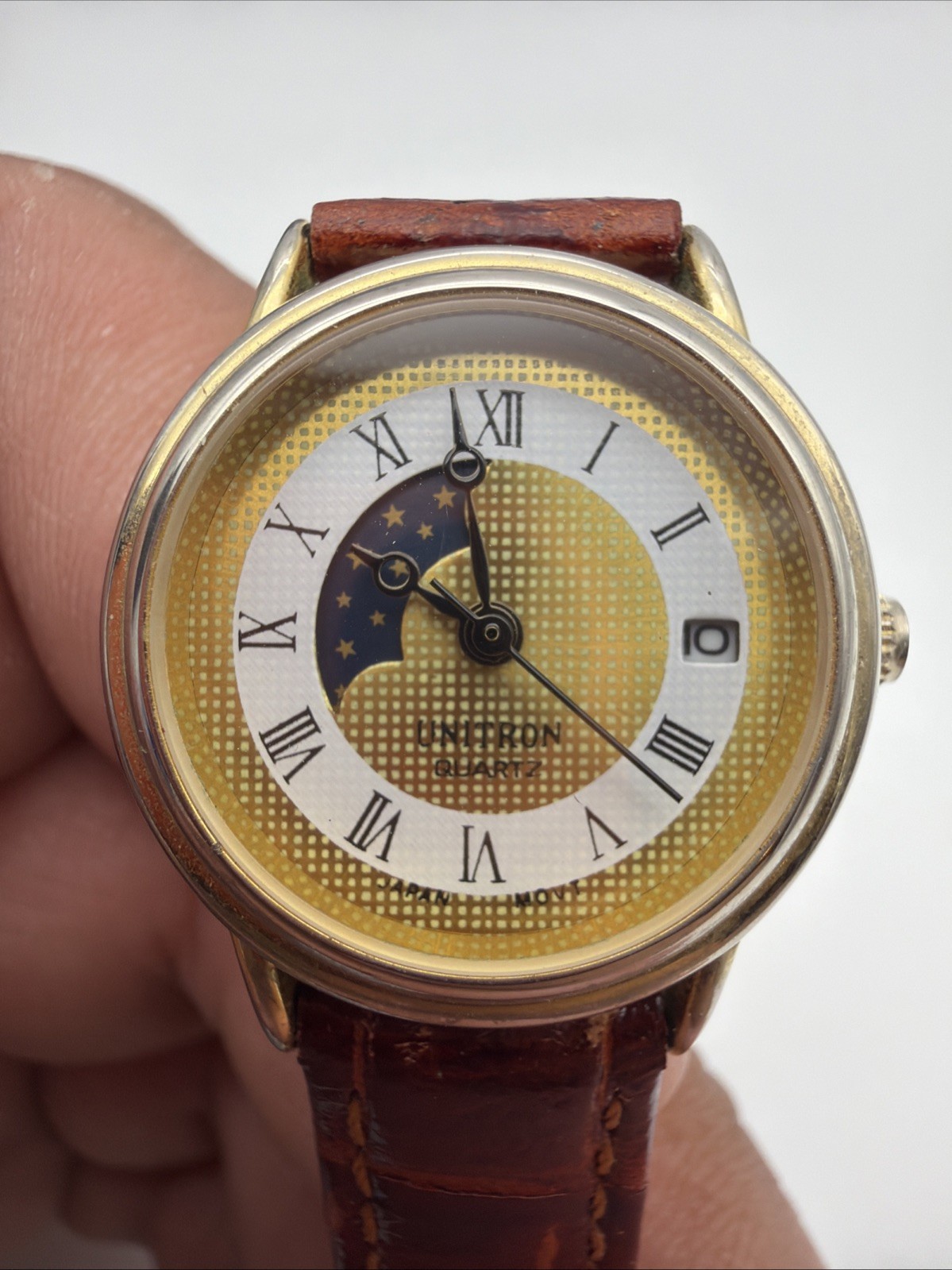 Vintage Unitron Quartz Watch Women Moon Phase Gold Tone Date Analog New Battery