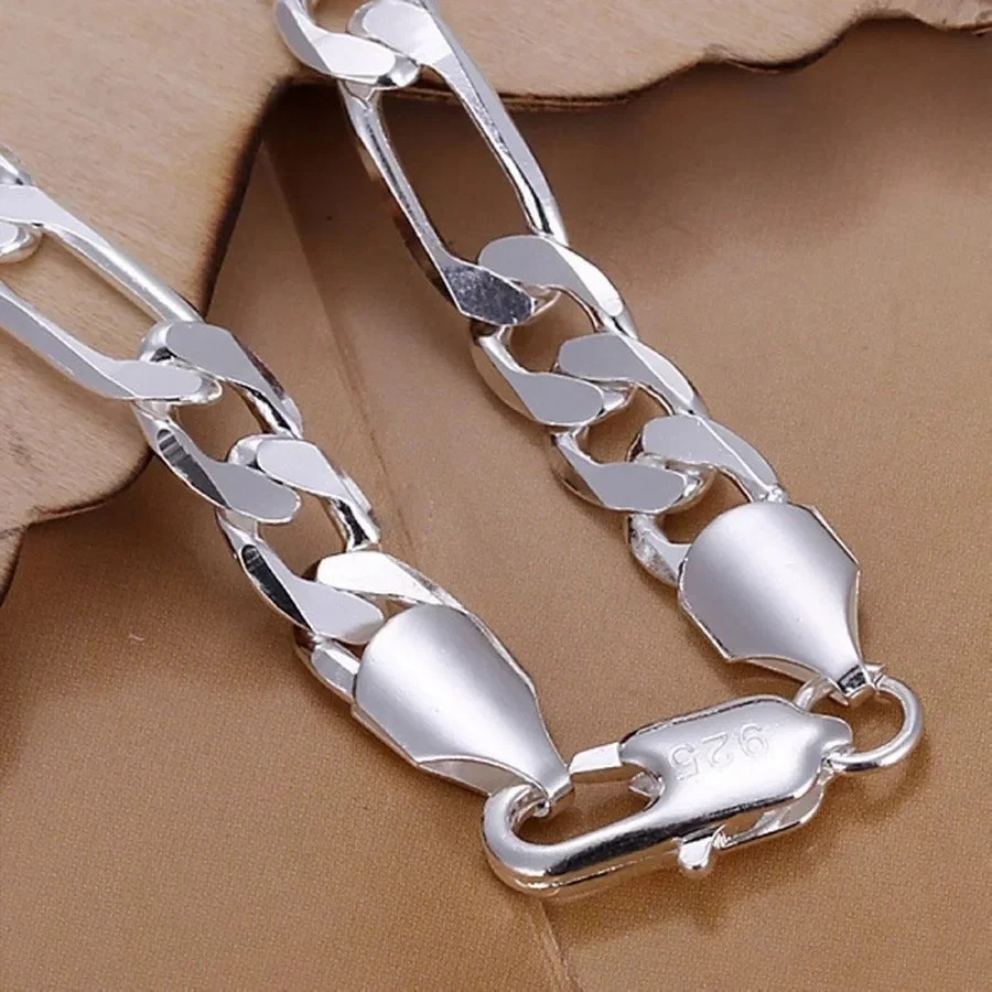 925 Sterling Silver Figaro Chain Bracelet 6-8mm Unisex Wedding Jewelry 20cm