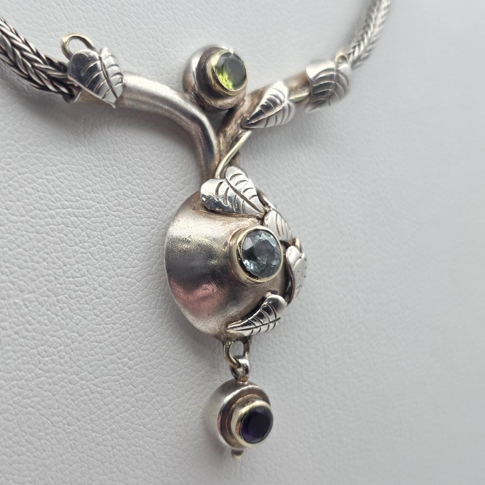 925 Sterling Silver & Gold Accent Multi-Gemstone Leaf & Vine Toggle Necklace