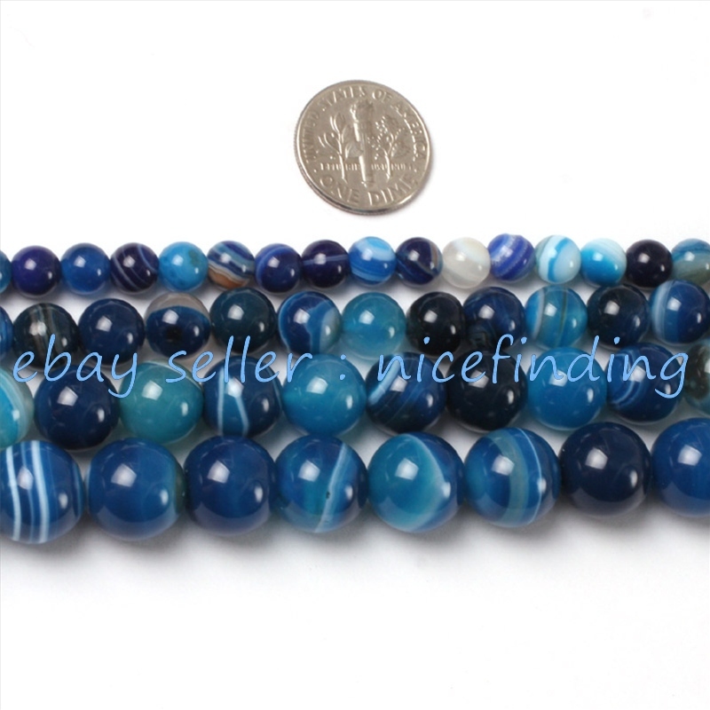 Natural Round Blue Smooth Sardonyx Agate Banded Beads For Jewelry Making 15”
