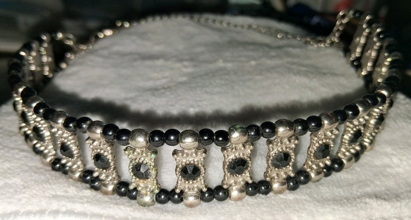 Vtg Gothic Black Beaded Panel Choker Necklace Silver Tone Victorian Rhinestone