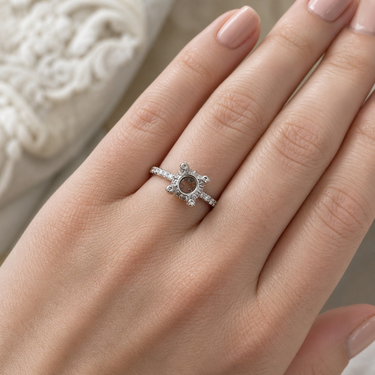 14K White Gold Diamond Halo Semi Mount Ring for 7mm Center | 0.70ct H SI