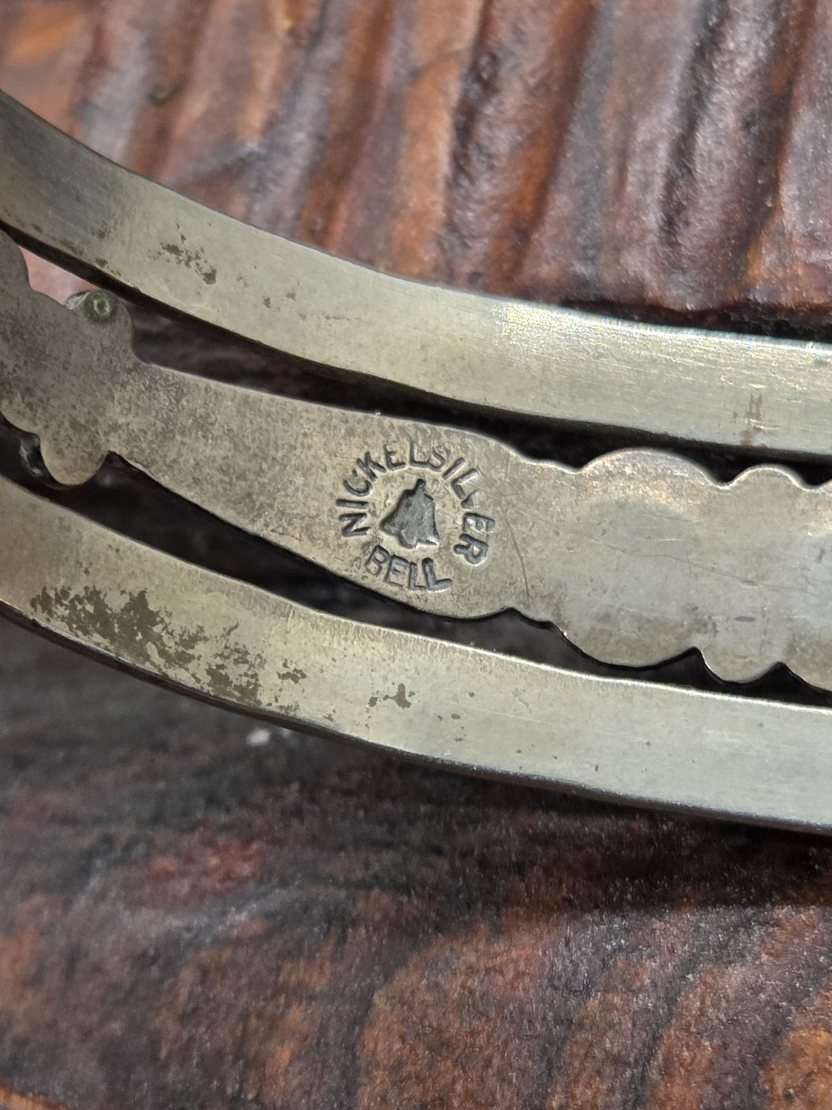 Vtg NICKLE SILVER BELL TRADING POST Southwest Navajo TURQUOISE Cuff Bracelet