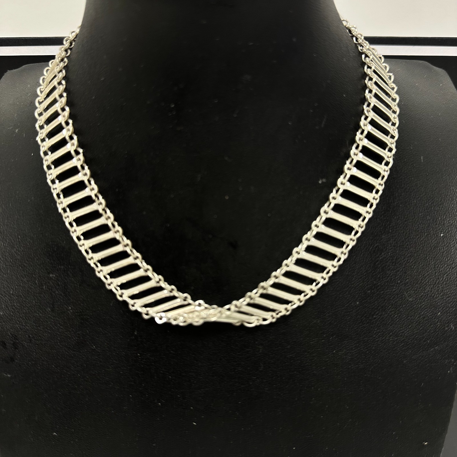 Bar Link Chain Necklace Silver Tone Collar Choker Adjustable Length 12″