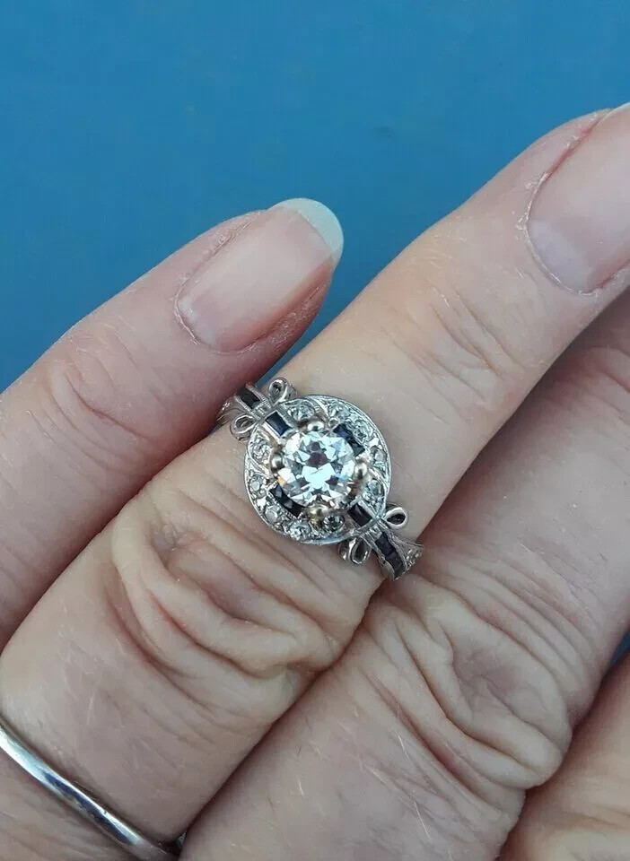 Art Deco Style Lab Created Diamond & Sapphire Wedding 14K White Gold Finish Ring
