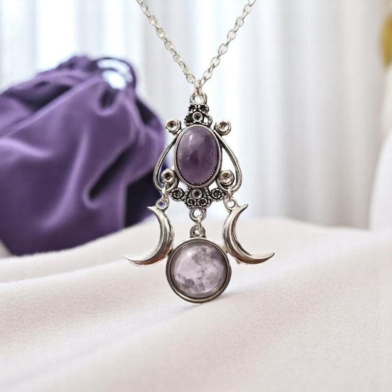 Triple Moon Goddess Necklace Amethyst Crystal Pendant Necklace Jewelry