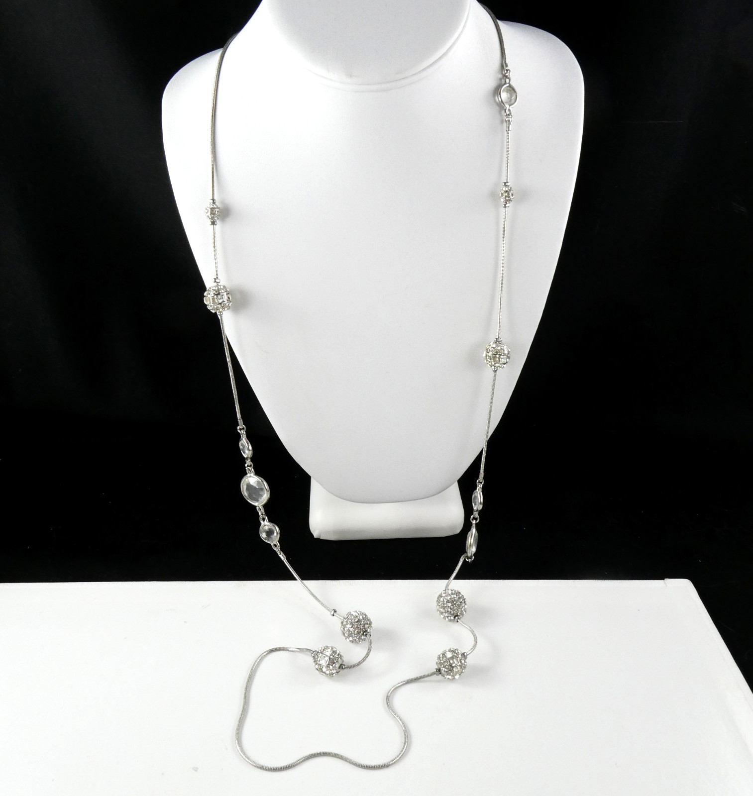 Pretty CHICO’S Silver Tone Crystal Rhinestone Ball Bead Long Strand Necklace