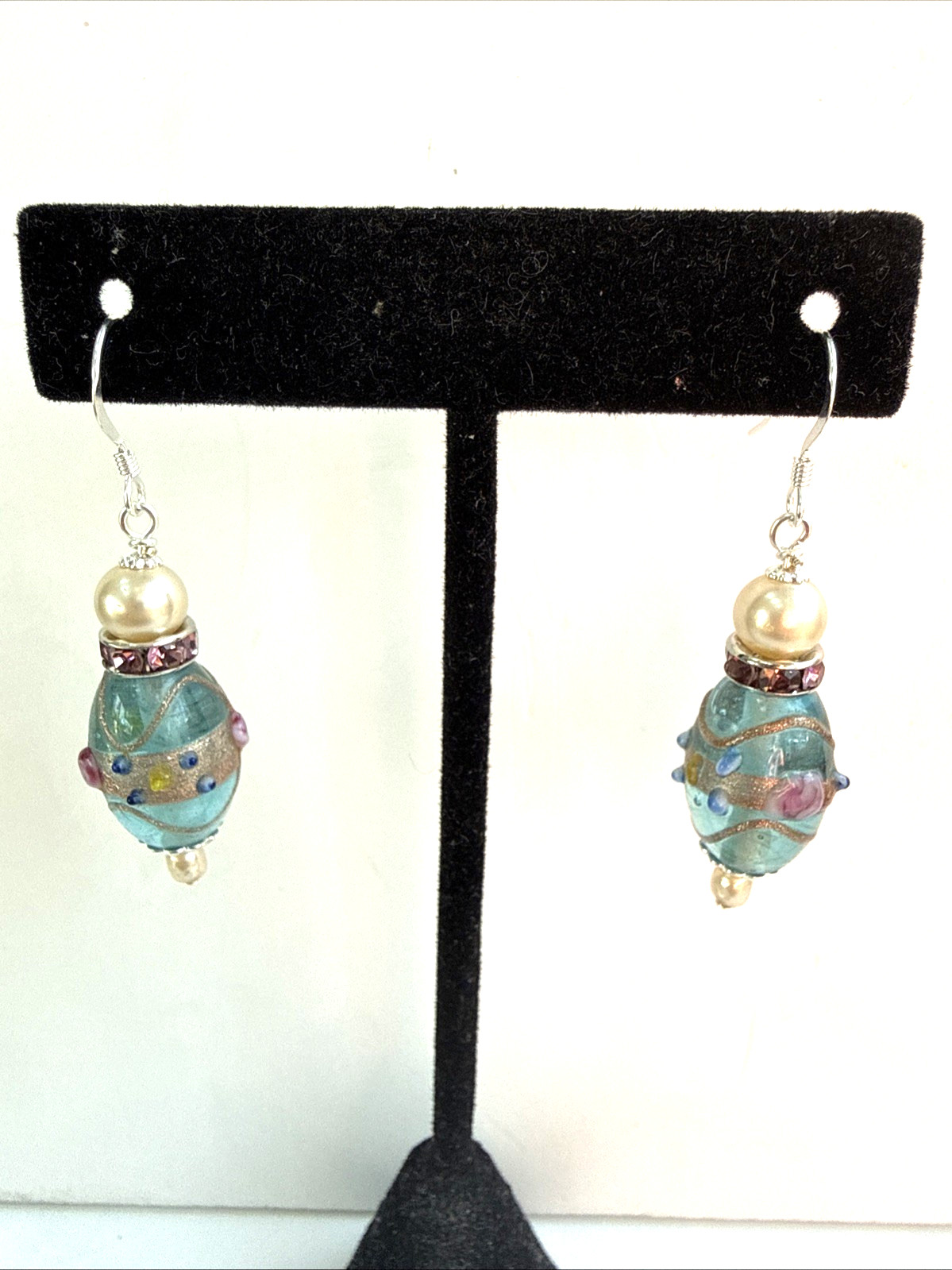 Blue & Pink Wedding Cake Glass Bead Pearl Dangle Earrings Rhinestone Roundelle