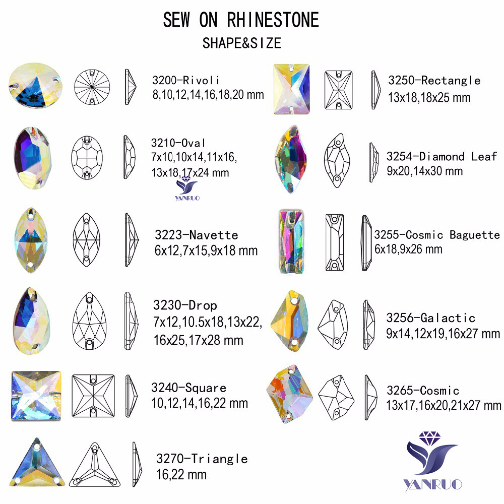 All Shapes AB YANRUO Flatback Sew on Rhinestones Crystal Strass for Garment