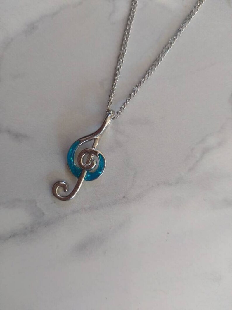 Silver Blue Opal Music Note Necklace Violin Piano G-Clef Treble Clef