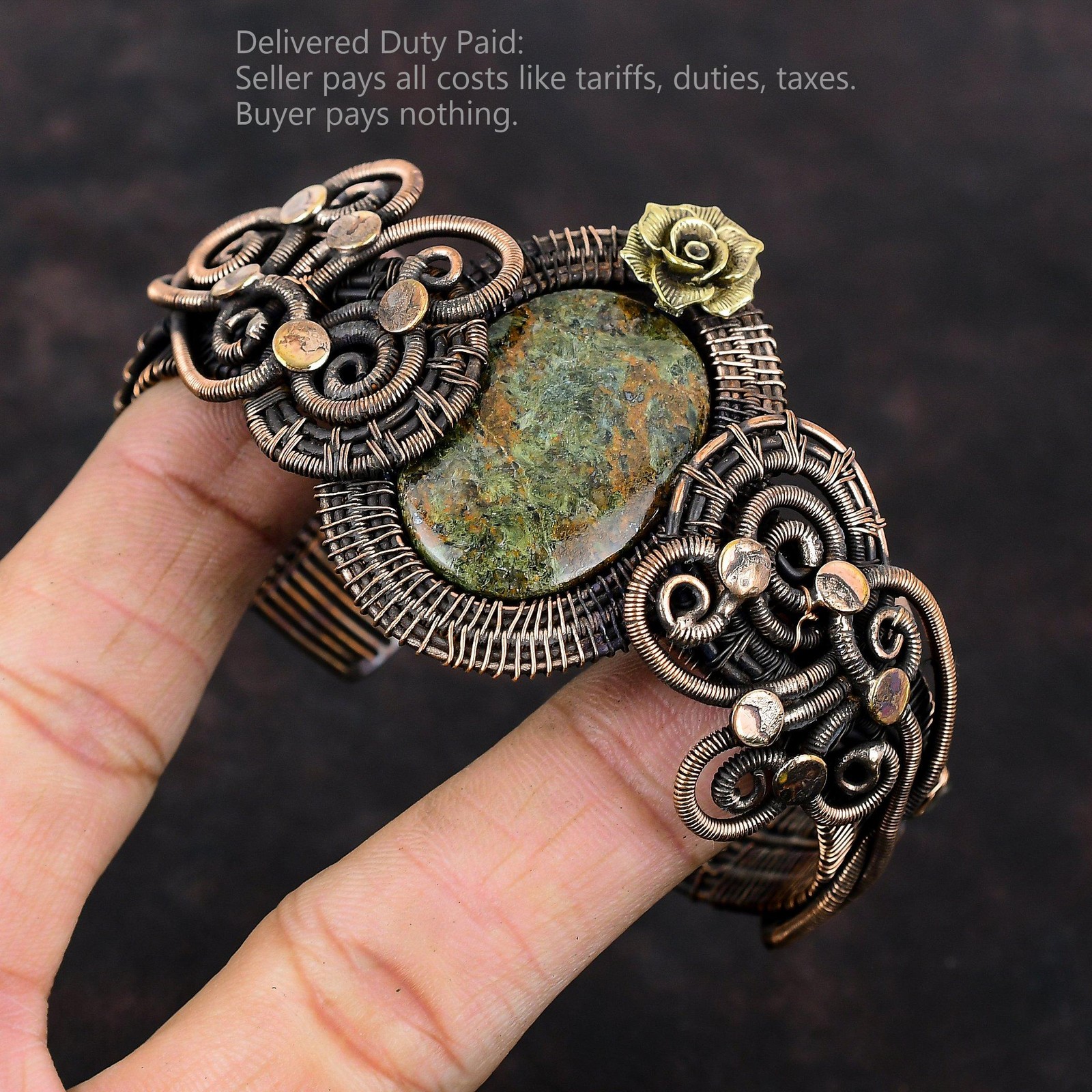 Spessartine Garnet in Limestone Gemstone Wire Wrapped Flower Cuff Jewelry Copper
